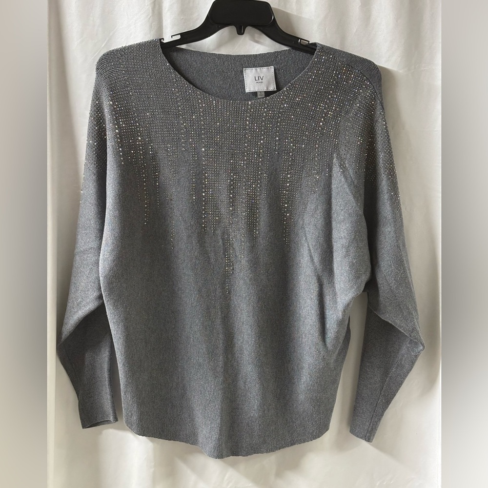 Liv Milano Women’s Large Lightweight Gray‎ Sweater with Rhinestone Accents